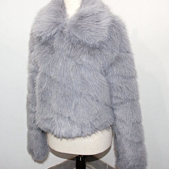 Avec Les Filles Luxurious Faux-Fur Cropped Paneled Coat in Grey Blue sz XS $199 - Picture 10 of 16